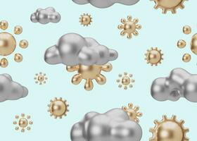 Seamless pattern with golden 3D suns and silver clouds on light blue background. Applicable for fabric print, textile, wallpaper. Repeatable texture. Modern style. 3D render. photo