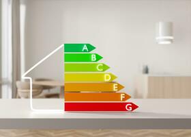 Energy efficiency rating chart and home interior. Ecological and bio energetic house. Energy class, performance certificate, rating graph. Eco friendly, energy saving. 3d rendering. photo