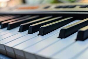 de cerca de piano llaves. piano negro y blanco llaves y piano teclado musical instrumento metido a el hogar balcón durante soleado día. foto