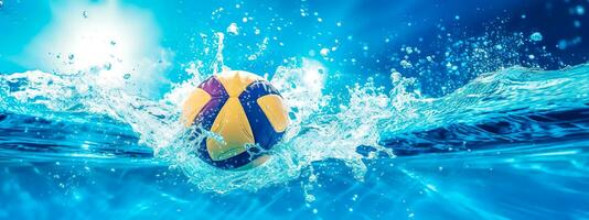 deporte, agua polo juego, pelota que cae dentro agua, azul bandera hecho con generativo ai foto