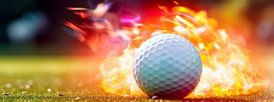 el golf pelota en fuego, energía y movimienot, bandera con Copiar espacio hecho con generativo ai foto