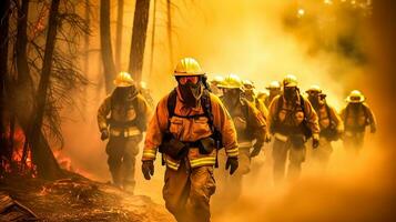 valiente voluntario bomberos en bosque incendios, calentamiento y clima cambiar, hecho con generativo ai foto