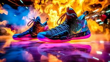 modern indoor sports shoes in fire in energetic movement on the court, made with Generative AI photo