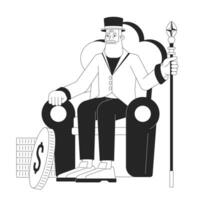 Old man sitting on throne flat line black white vector character. Editable outline full body person with staff, golden coins. Simple cartoon isolated spot illustration for web graphic design