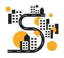 Serpentine road through city monochrome flat vector object. Residential buildings. Editable black and white thin line icon. Simple cartoon clip art spot illustration for web graphic design