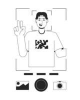 Man showing v sign and taking photo bw concept vector spot illustration. Selfie 2D cartoon flat line monochromatic character for web UI design. Editable isolated outline hero image