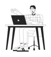 University student sitting at table flat line black white vector character. Editable outline full body person. Student desk laptop simple cartoon isolated spot illustration for web design