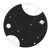 Space bw concept vector spot illustration. Universe with planets and stars 2D cartoon flat line monochromatic object for web UI design. Editable isolated outline hero image