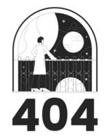 Space exploration black white error 404 flash message. Woman looking on universe. Monochrome empty state ui design. Page not found popup cartoon image. Vector flat outline illustration concept