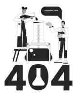 Science experiment black white error 404 flash message. Pouring liquid to flask. Monochrome empty state ui design. Page not found popup cartoon image. Vector flat outline illustration concept