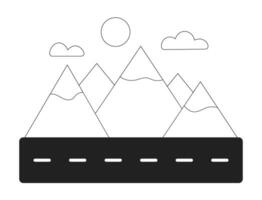 Road through mountains monochrome flat vector object. Beautiful landscape. Editable black and white thin line icon. Simple cartoon clip art spot illustration for web graphic design