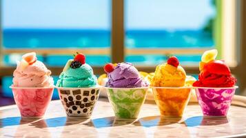 colourful tasty ice cream cups with fruit, banner made with Generative AI photo