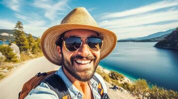 happy smiling male tourist in sunglasses and hat taking selfie in nature by the lake, made with Generative AI photo