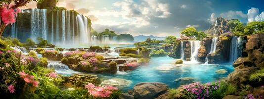 a waterfall in a gorgeously fantastic flowering landscape, banner made with Generative AI photo