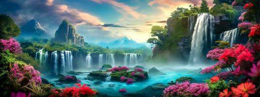 un mágico cascada en un maravillosamente fantástico floración paisaje, bandera hecho con generativo ai foto