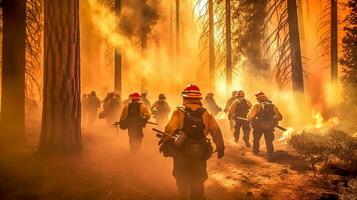 volunteer firefighters on forest fires, warming and climate change, made with Generative AI photo