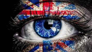 beautiful close-up of a human eye with a colorful drawing of the elements of the British flag, made with Generative AI photo