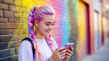 smiling pretty young attractive teenage girl with smartphone in hand on city street, made with Generative AI photo