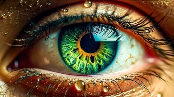 de cerca de un verde humano ojo con un lágrima gota, hecho con generativo ai foto