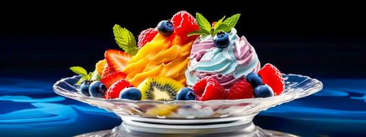 juicy ice cream and fruit, sweet colorful dessert, banner made with Generative AI photo
