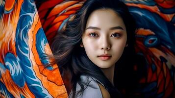 creative portrait of beautiful asian young woman, made with Generative AI photo