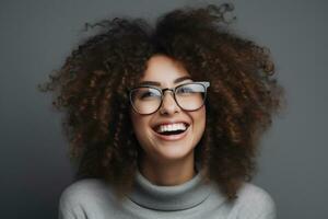 Portrait Of Laughing Cheerful Young African American Woman With Wavy Hair On Copyspace. AI Generative photo