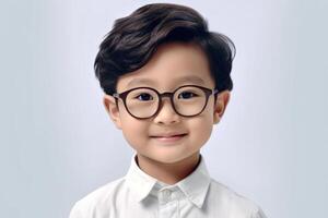 Portrait of Happy Asian Pre-School Boy in Glasses Isolated on White Background. photo