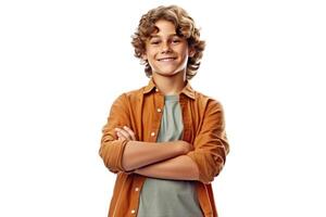 Caucasian Kid on White Background. Portrait of Confident Teenage Boy Posing with His Arms Crossed. photo