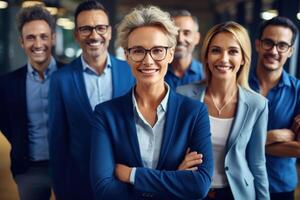 Smiling female businessperson leader posing with professional business team in office. photo