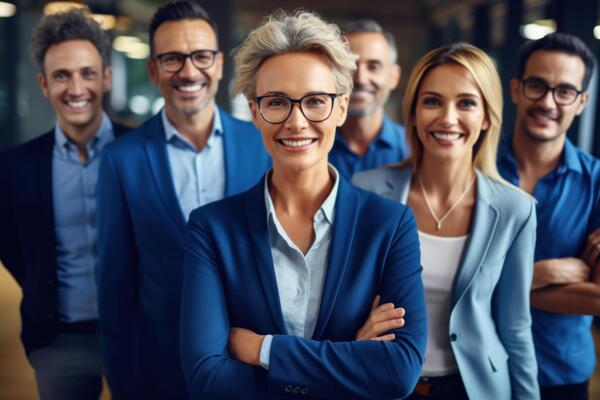Smiling female businessperson leader posing with professional business team in office.