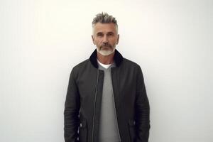 Middle Aged Mediterranean Male Wearing Black Leather Jacket on Gray Copy Space. photo