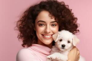 Portrait Of Cheerful Europian Girl With Cute Puppy On Copy Space. Dog Lover, Pet Care. AI Generative photo
