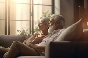 Elderly couple in glasses watching TV movie, news, television series, sitting on sofa. AI Generative photo