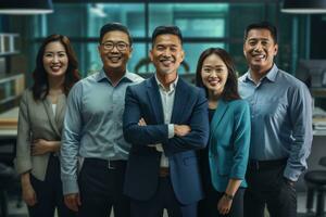 asiático empleados y masculino negocio equipo líder en oficina, grupo corporativo retrato. ai generativo foto