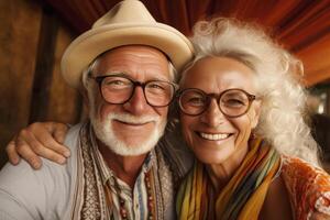 sonriente mayor Pareja viajeros en lentes abrazo tomar selfie foto, mirando a cámara. ai generativo foto