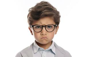 Sad Pre-School Boy in Eyeglasses. Disappointed Kid on White Background. AI Generative photo