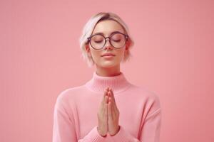 Young Lady is Praying with Her Hands Folded. Blond Girl in Glasses is Practicing Yoga. photo