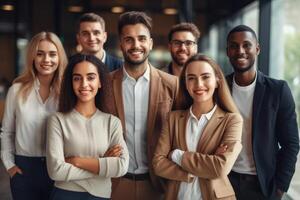 sonriente motivado joven multinacional negocio equipo en oficina. unidad, colaboración. ai generativo foto