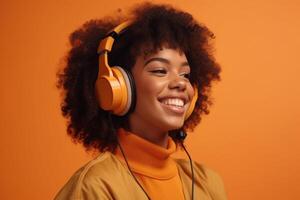 retrato de alegre joven africano americano mujer en auriculares en naranja Copiar espacio. ai generativo foto