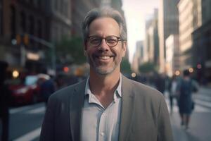 Sincere Middle Aged Man Standing on the Street and Smiling at the Camera. photo