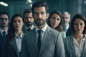Male businessperson leader and his team, associates, business partners in office. photo