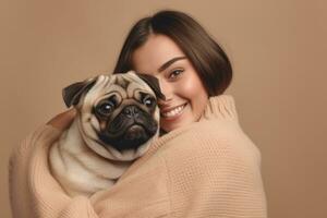 Portrait Of Cheerful Young European Woman With Small Dog On Copy Space. Pet Care Concept. AI Generative photo