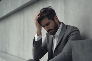 Bearded Middle-Aged Spanish Man Upset about Business and Emotional Problems. photo