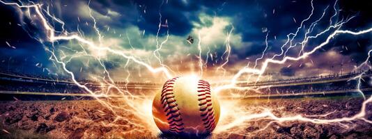 abstract baseball ball in a colorful explosion of fire energy and movement, sports performance, banner made with Generative AI photo