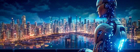 robot portrait with a futuristic city panorama in the background, future development concept, banner made with Generative AI photo