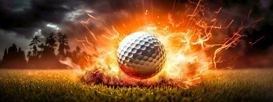 The golf ball flies at high speed in fire, energy and movement, banner made with Generative AI photo