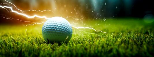 golf ball on green lawn, motion energy and lightning, creative banner made with Generative AI photo