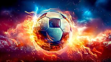 fútbol americano pelota en un vistoso explosión de fuego energía y movimienot, Deportes actuación, hecho con generativo ai foto