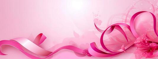 Breast Cancer Awareness Month, pink ribbon and flowers, banner with copy space made with Generative AI photo