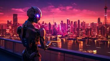 humanoid portrait with a futuristic city panorama in the background, future development concept, banner made with Generative AI photo